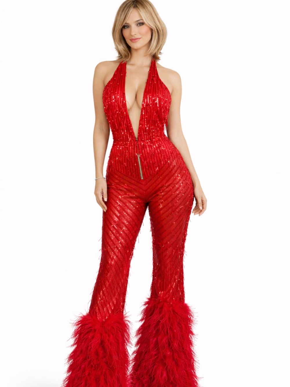 AKIRA NWT Red Sequin Feather Flare Jumpsuit Backless Halter Glam Party Small